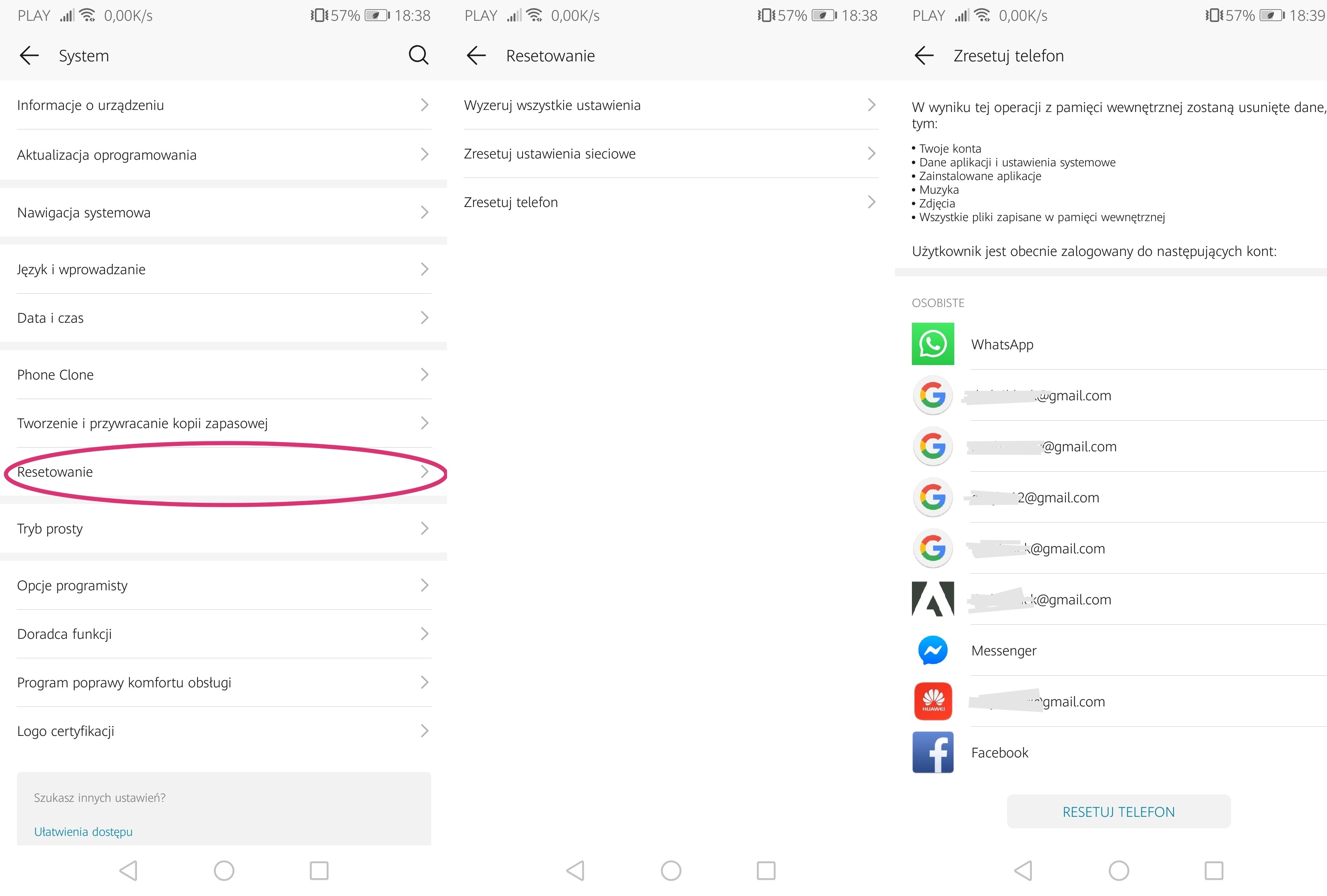 resetowanie ustawień google