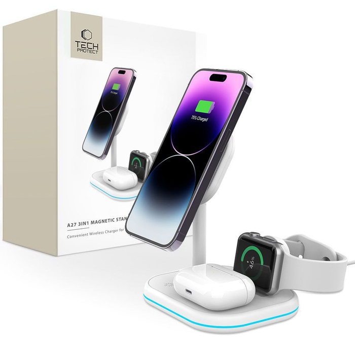 ŁADOWARKA TECH-PROTECT QI15W-A27 3IN1 MAGNETIC MAGSAFE WIRELESS CHARGER WHITE
