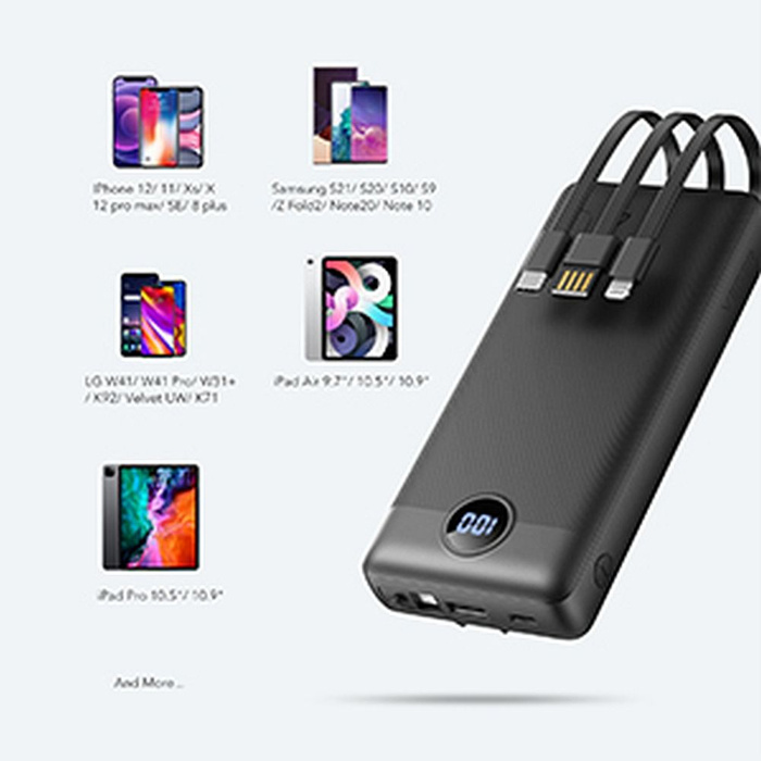 Powerbank Veger C20 (W2047 / W2059) 20000 mAh z wbudowanymi kablami Micro USB / Typ C / Lightning czarny