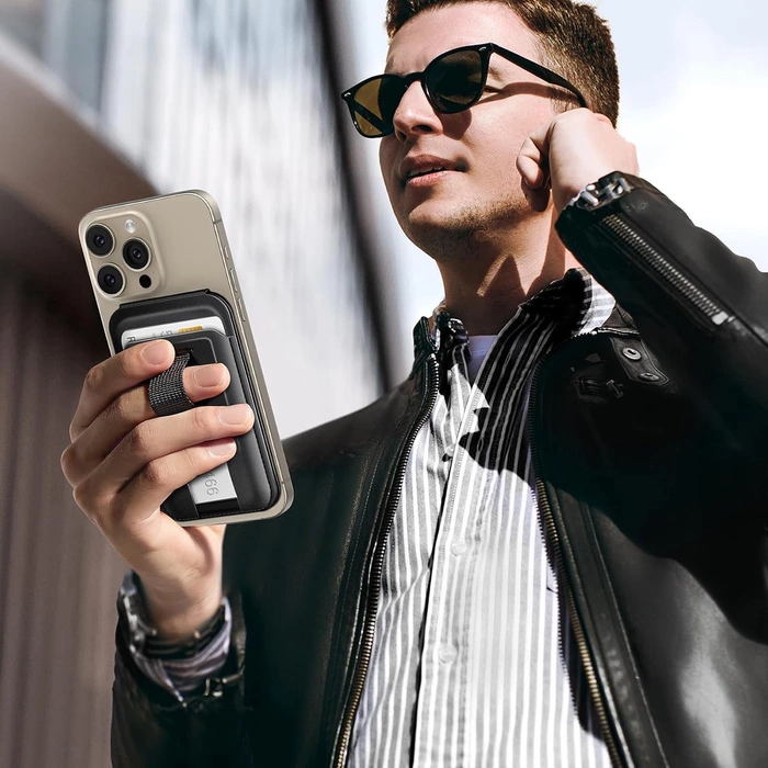 Portfel magnetyczny z funkcją podstawki i uchwytu do iPhone MagSafe, Ugreen LP836, skórzany (czarny)