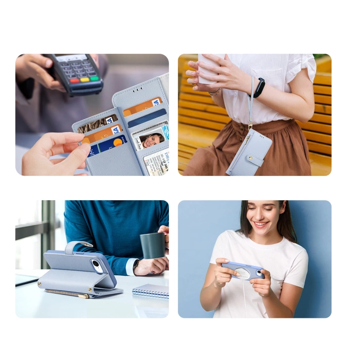 Etui skórzane Dux Ducis Lawa na iPhone 16e z odłączanym portfelem magnetycznym - błękitne