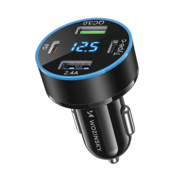 Ładowarka samochodowa Wozinsky WDCCB z wyświetlaczem 50W 2xUSB-C / 2xUSB-A - czarna
