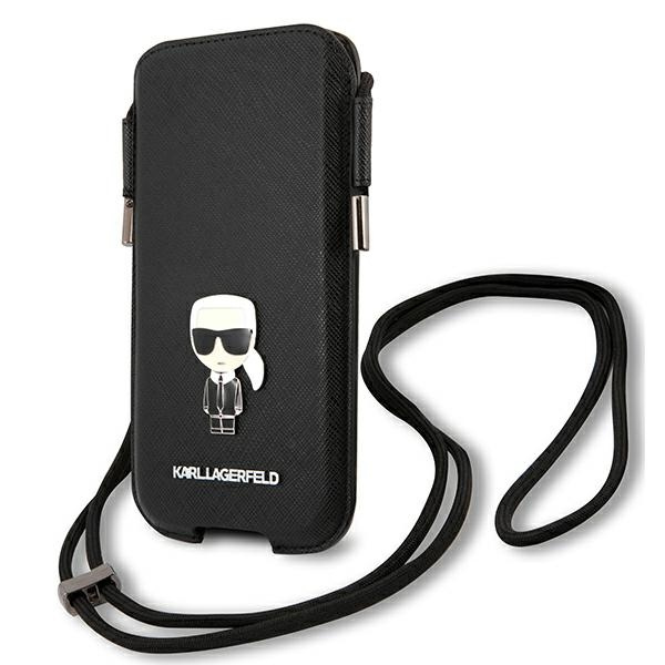 Torebka KARL LAGERFELD Telefon 6,1 Saffiano Ikonik Karl`s Czarny Hardcase
