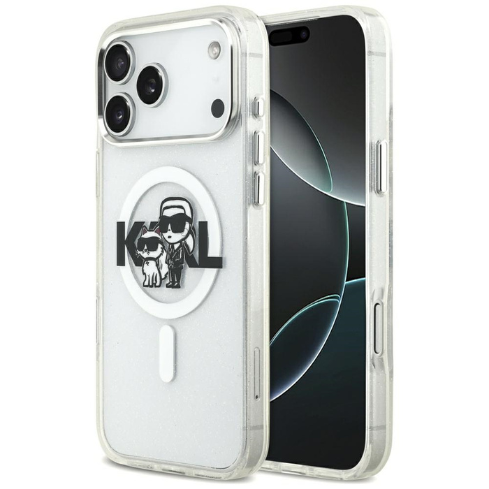 Etui Karl Lagerfeld IML Glitter Karl &   Choupette Sketch Logo MagSafe do iPhone 17 Pro Max przezroczysty