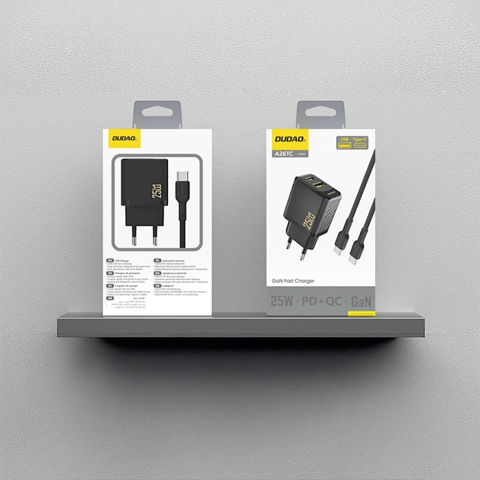 Ładowarka sieciowa Dudao A26TCEU PD QC 25W GaN USB-A USB-C z kablem USB-C - czarna