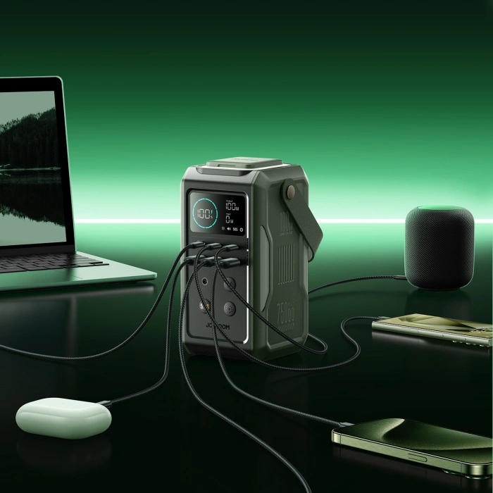 Powerbank Joyroom JR-PBF10 75000mAh 100W 3x USB-C 3x USB-A ze składaną latarką i rączką - zielony