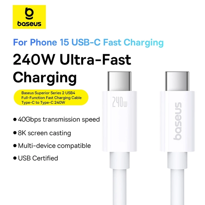 Kabel Baseus CB000068 USB-C - USB-C 240W PD 8K 60Hz 1m - biały