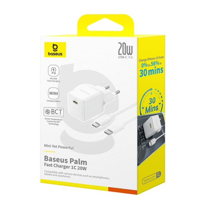Ładowarka sieciowa Baseus Palm 1C 20W (z kablem Baseus Mini White USB-C 60W (20V/3A) 1m) - biała