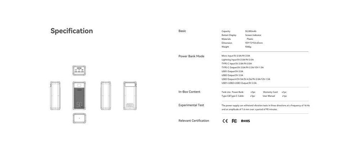VEGER powerbank 50000 mAh PD QC3.0 5A 22,5W Tank Lite (W5001) czarny