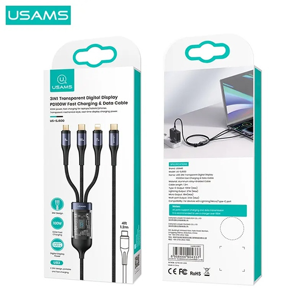 USAMS Kabel pleciony U83 3w1 100W 1,2m Digital Display PD Fast Charge (lightning/microUSB/USB-C) SJ600USB01 (US-SJ600)