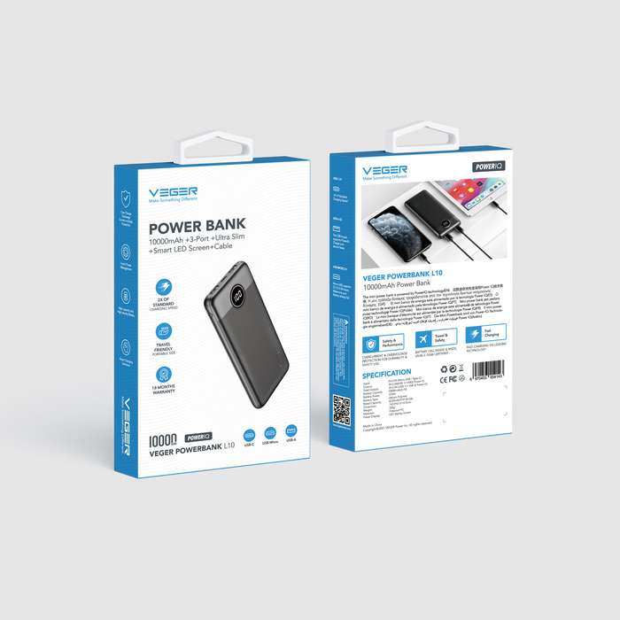 VEGER powerbank 10000 mAh PD QC3.0 2A 20W L10S (W1105PD) biały