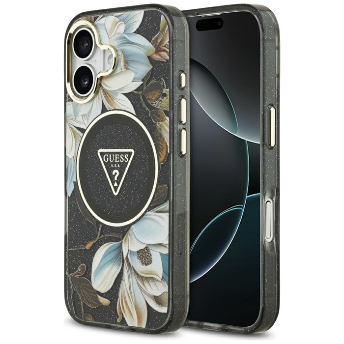 Etui Guess IML Glitter Flowers Triangle  MagSafe do iPhone 17 czarny