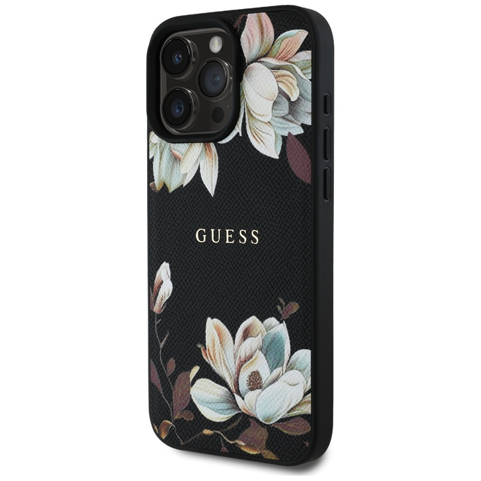 Etui Guess Grained Printed Flower         Pattern MagSafe do iPhone 16 Pro Max czarny