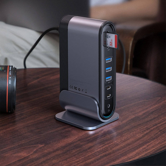 Baseus wielofunkcyjny HUB 3x USB 3.2 Gen 1 / 2x USB 2.0 / 2x USB Typ C / czytnik kart SD i micro SD / AUX / 3x HDMI / RJ45 1Gbps Power Delivery 100W (wtyczki EU / CN / UK) szary (CAHUB-DG0G)