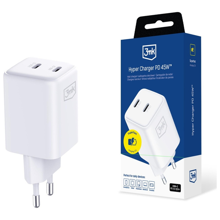 Ładowarka sieciowa 3MK Hyper Charger PD 45W GaN QC4+ PPS 2C Super-Fast Charge 2.0 Biały