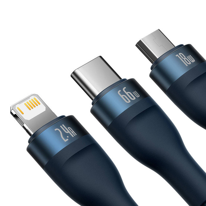 Baseus Flash Series Ⅱ kabel 3w1 z szybkim ładowaniem USB-A do USB-C / Micro-USB / Lightning 66W 480Mb/s 1.2m niebieski