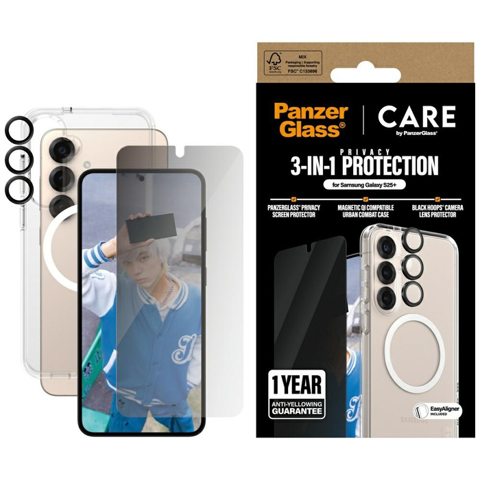 Zestaw ochronny CARE by PanzerGlass       Flagship 3w1 Etui+Szkło Prywatyzujące+Lens do Samsung Galaxy S25+