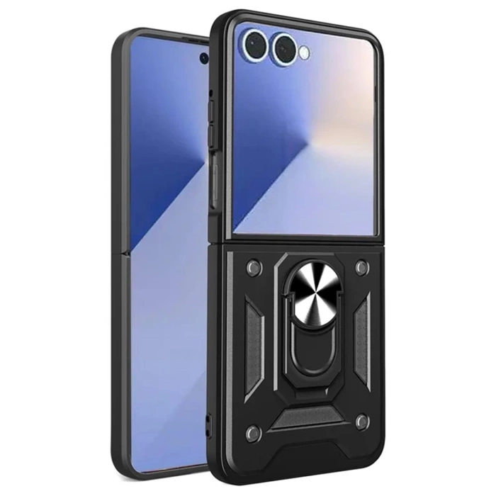 Pancerne etui Hybrid Armor Camshield z podstawką i osłoną aparatu na Samsung Galaxy Z Flip 7 - czarne