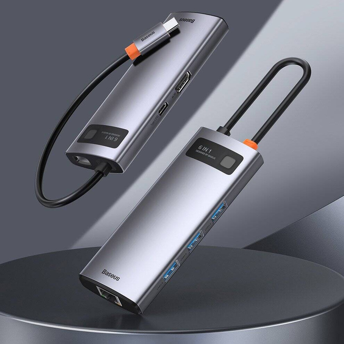 [PO ZWROCIE] Baseus Metal Gleam 6w1 wielofunkcyjny hub USB Typ C - USB Typ C Power Delivery 100 W / HDMI 4K 30 Hz / 3x USB 3.2 Gen 1 / RJ45 1 Gbps Szary (CAHUB-CW0G)