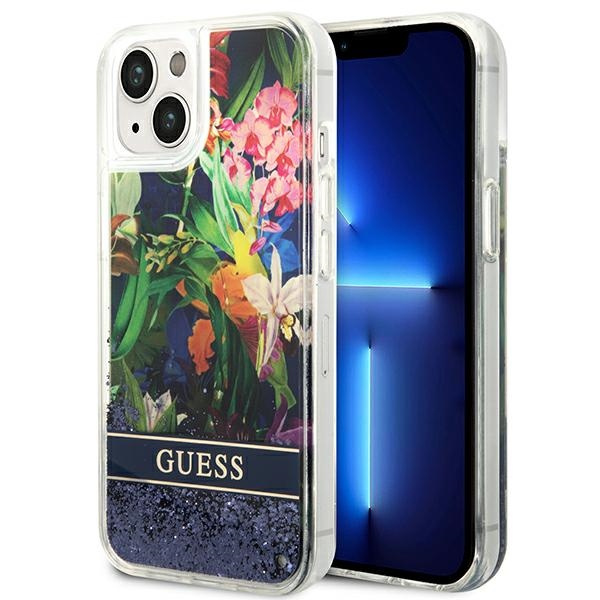 Etui GUESS Apple iPhone 14 Flower Liquid Glitter Niebieski Hardcase