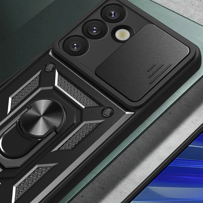 Etui pancerne Hybrid Armor Camshield z osłoną aparatu i metalowym ringiem do Samsung Galaxy S25 - czarne