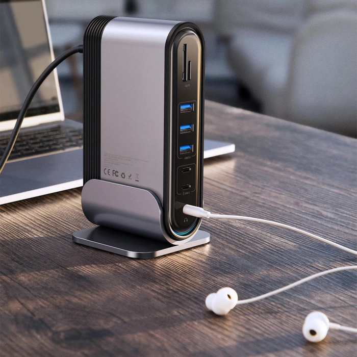 [PO ZWROCIE] HUB Baseus CAHUB-DG0G 3x USB 3.2 Gen 1 / 2x USB-A / 2x USB-C / czytnik kart SD, micro SD / AUX / 3x HDMI / RJ45 PD 100W (wtyczki EU / CN / UK) - szary