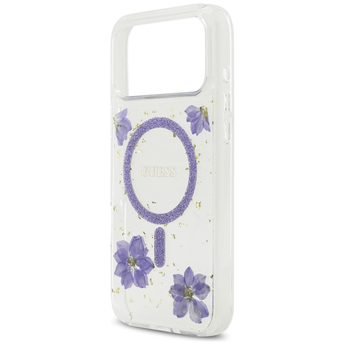 Etui Guess Resin Flowers Glitter MagSafe do iPhone 17 Pro Max fioletowy