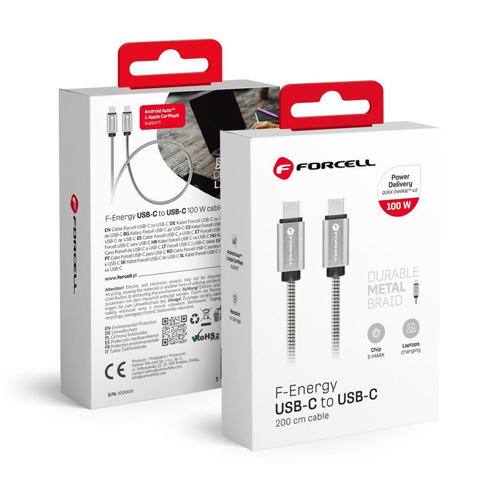 Kabel USB C do USB C Forcell F-Energy QC4.0 PD 5A 100W E-Mark Metal 2 m C239 srebrny