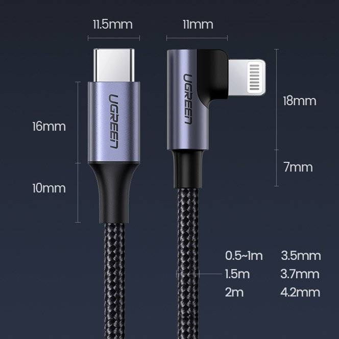Ugreen MFI kątowy kabel przewód z bocznym wtykiem USB Typ C - Lightning Power Delivery 3 A 1 m szary (60763 US305)