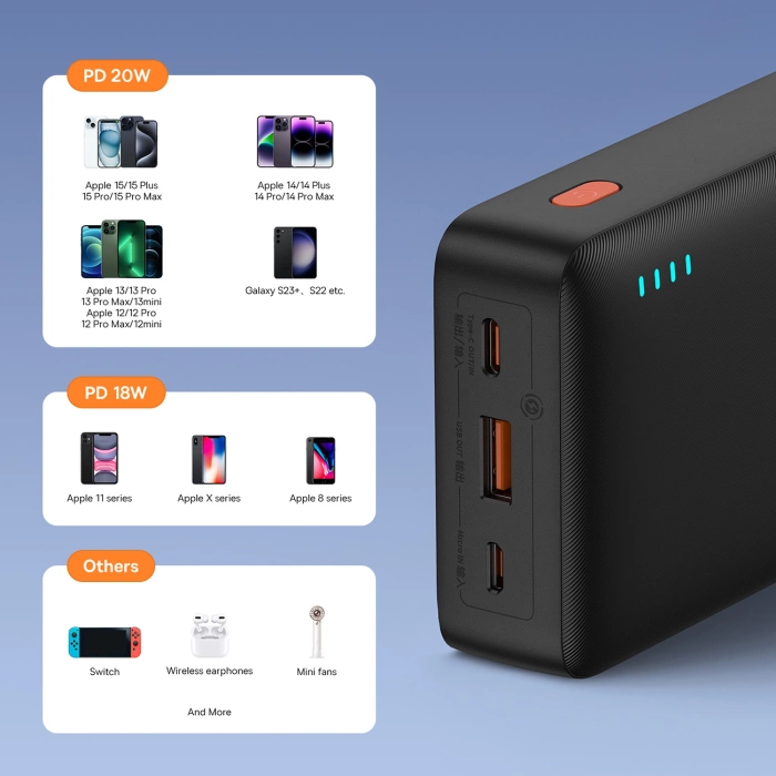 Powerbank Baseus Airpow 20W 20000mAh z kablem Baseus Simple Series USB-A - USB-C 50cm - czarny