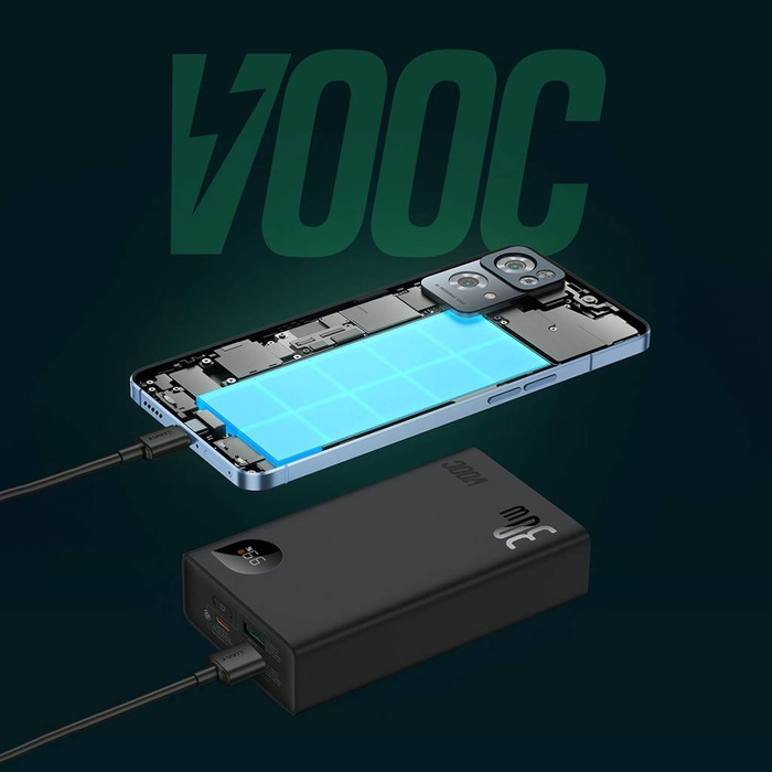 Baseus Adaman2 powerbank z wyświetlaczem cyfrowym 20000mAh 30W 2 x USB / 1x USB Typ C Power Delivery Quick Charge SCP, Oppo Super VOOC czarny (PPAD050101)