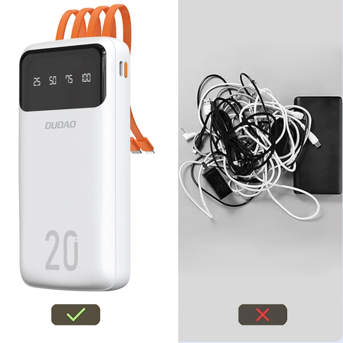 Dudao pojemny powerbank z 3 wbudowanymi kablami 20000mAh USB Typ C + micro USB + Lightning czarny (Dudao K6Pro+)