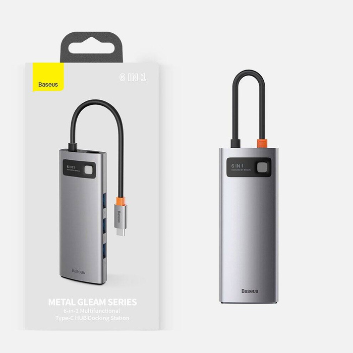[PO ZWROCIE] Baseus Metal Gleam 6w1 wielofunkcyjny hub USB Typ C - USB Typ C Power Delivery 100 W / HDMI 4K 30 Hz / 3x USB 3.2 Gen 1 / RJ45 1 Gbps Szary (CAHUB-CW0G)