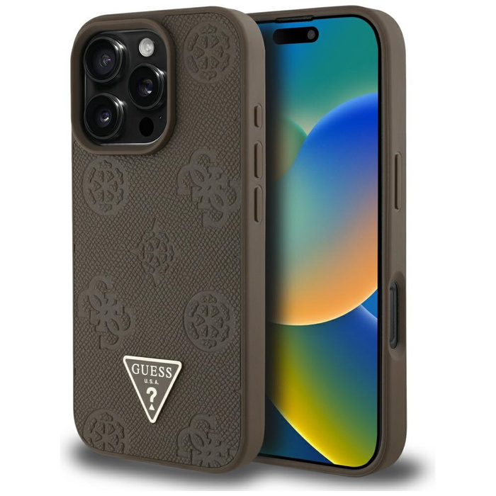 Etui Guess Grained Hot Stamp Peony       Triangle Logo MagSafe do iPhone 16 Pro brązowy