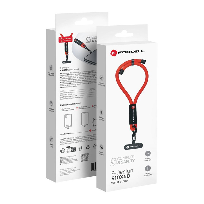 Smycz do telefonu na nadgarstek z regulacją długości Forcell F-Design R10X40 (max 20cm w pętli) czerwona