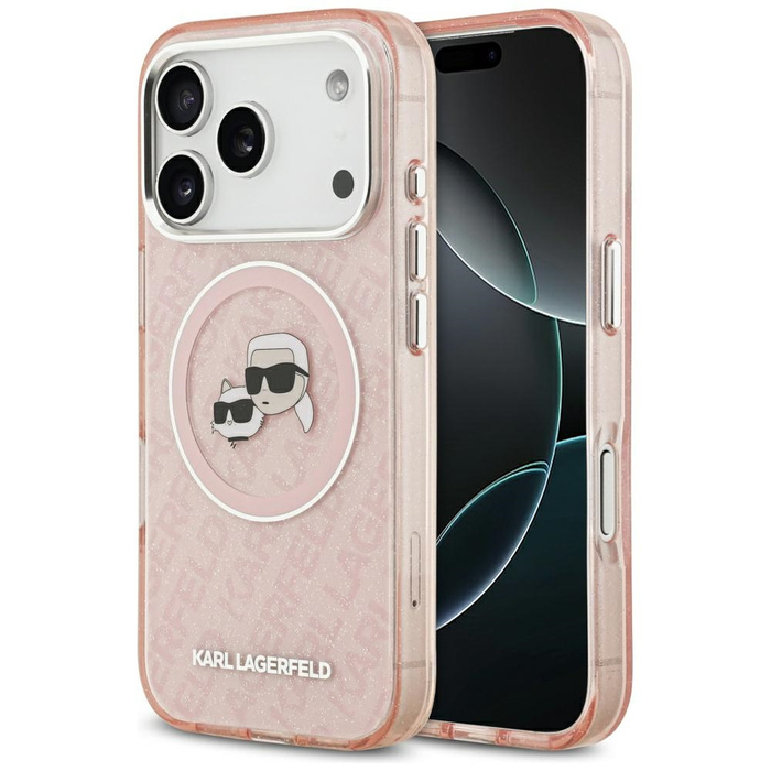 Etui Karl Lagerfeld IML Glitter Karl &   Choupette Heads Logo MagSafe do iPhone 17 Pro różowy