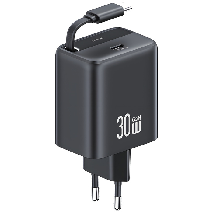 USAMS Ład. siec. 1xUSB-C ze zwijanym kablem USB-C Retractable PD+QC 30W Gan Fast Charging czarny/black YC Series CC241TC01 (US-CC241)