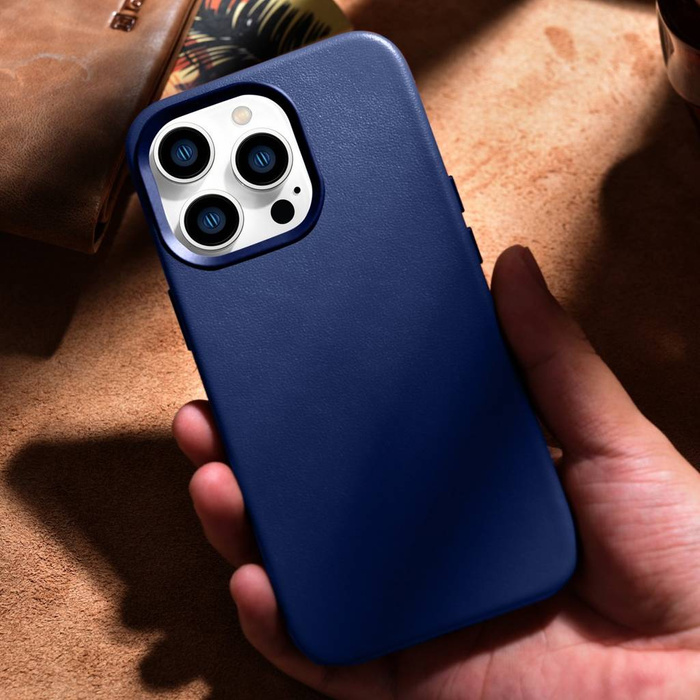 iCarer Case Leather pokrowiec etui z naturalnej skóry do iPhone 14 Pro Max niebieski (WMI14220708-BU) (kompatybilne z MagSafe)