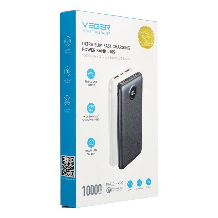 VEGER powerbank 10000 mAh PD QC3.0 2A 20W L10S (W1105PD) biały