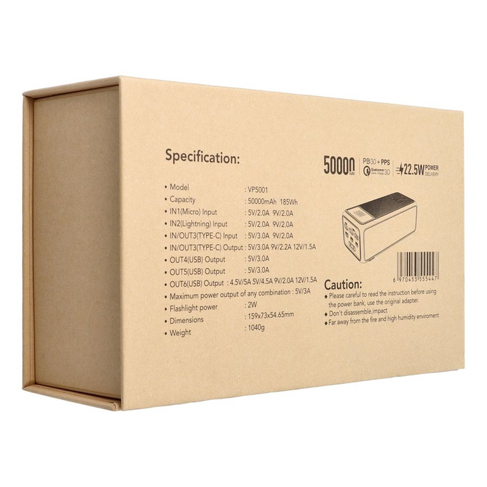 VEGER powerbank 50000 mAh PD QC3.0 5A 22,5W Tank Lite (W5001) czarny