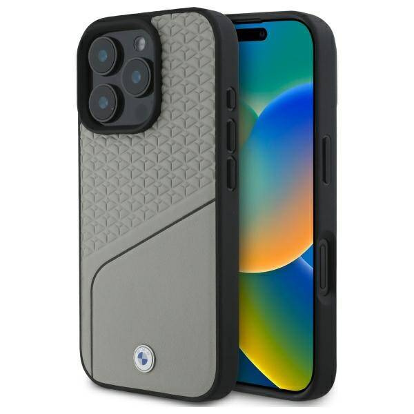 Etui BMW iPhone 16 Pro Max 6.9" szary/grey hardcase Sign Leather Textured and Line MagSafe