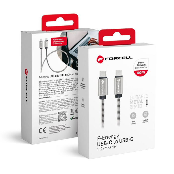Kabel USB C do USB C Forcell F-Energy QC4.0 PD 5A 100W E-Mark Metal 1 m C239 srebrny