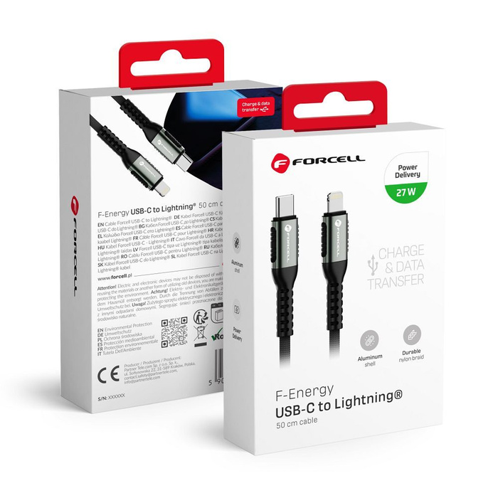 Kabel USB C do Lightning Forcell F-Energy PD 3A 27W Cafule 0,5 m C259 czarny