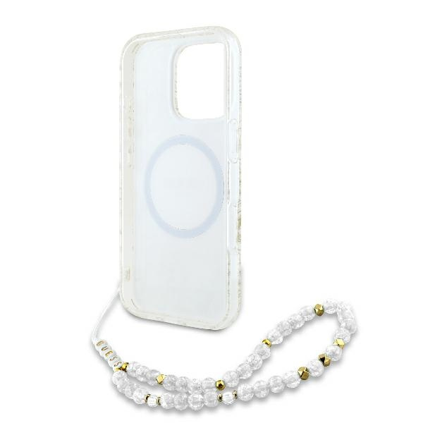 Etui Guess iPhone 16 Pro 6.3" biały/white hardcase IML Flowers Allover Electro With Pearl Strap MagSafe