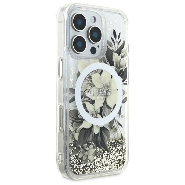Etui Guess iPhone 16 Pro 6.3" beżowy/beige hardcase Liquid Glitter Flower MagSafe