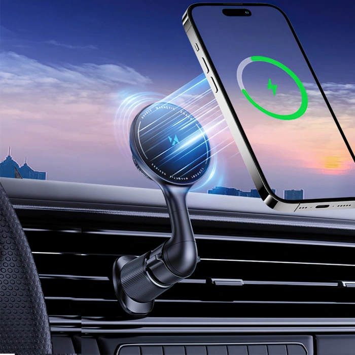 Uchwyt samochodowy Wozinsky WCT5-6S4Y z ładowarką indukcyjną Qi/MagSafe 15W na kratkę nawiewu  - czarny