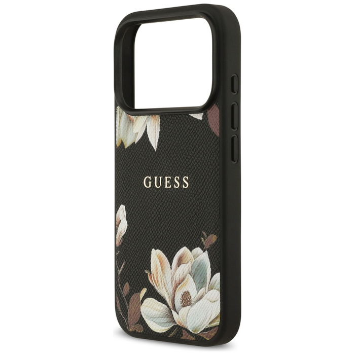 Etui Guess Grained Flowers Classic Logo  MagSafe do iPhone 17 Pro czarny