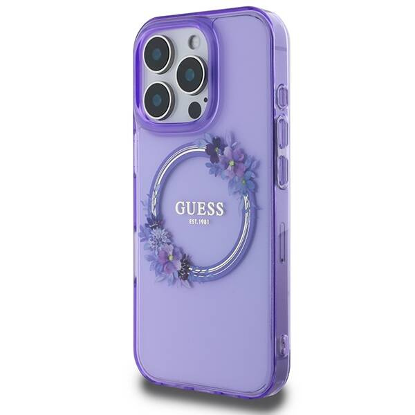 Etui Guess iPhone 16 Pro 6.3" purpurowy/purple hardcase IML Flowers Wreath MagSafe