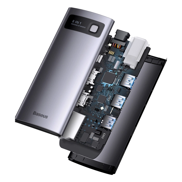 [PO ZWROCIE] Baseus Metal Gleam Series stacja dokująca HUB 8 w 1 USB Typ C - 2 x HDMI /  3 x USB 3.2 Gen. 1 / 1 x Power Delivery / 1 x czytnik kart SD / 1 x czytnik kart TF szary (WKWG050113)