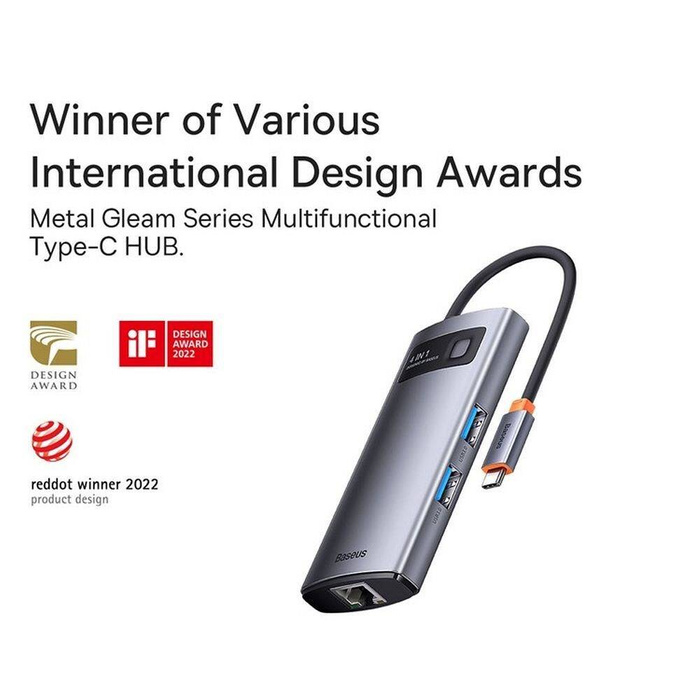 Baseus Metal Gleam Series stacja dokująca HUB 4 w 1 USB Typ C - 3 x USB 3.2 Gen. 1 / RJ45 (WKWG070113)